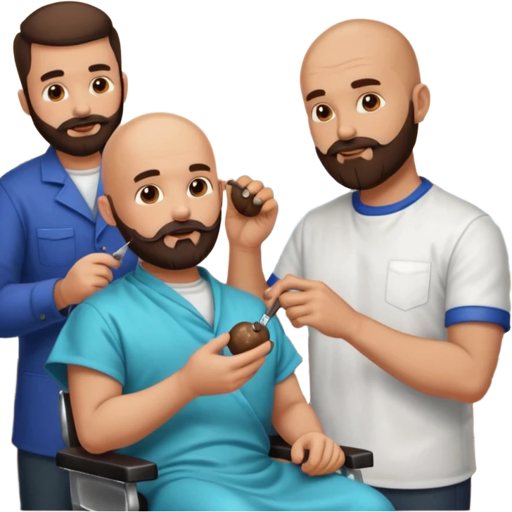 A bald man with a dark brown beard cutting someone’s hair at a barber shop and the other guy is eating a small poop ball in his hand emoji