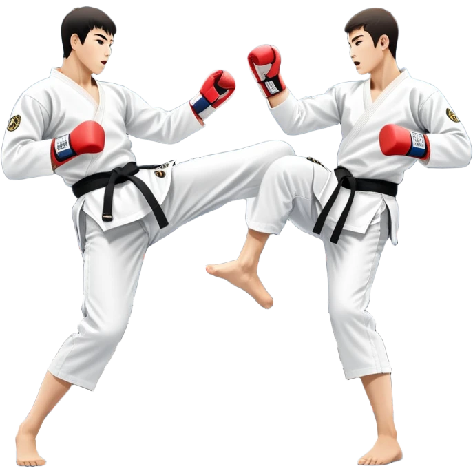 Two taekwondo fighters in traditional white doboks with black belts. One delivers a powerful kick, while the other defends by blocking with his knee. The background shows a professional arena with bright lights and an excited crowd. Transparent background highlights the intense action emoji