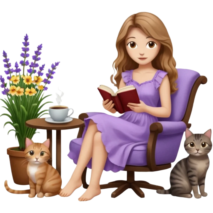 a woman with long light brown wavy hair and light brown eyes reading a book, sitting on a comfortable reading chair, two cats (one black cat and one brown tabby cat) beside her, small table with a cup of coffee, garden setting with lavender flowers around her emoji