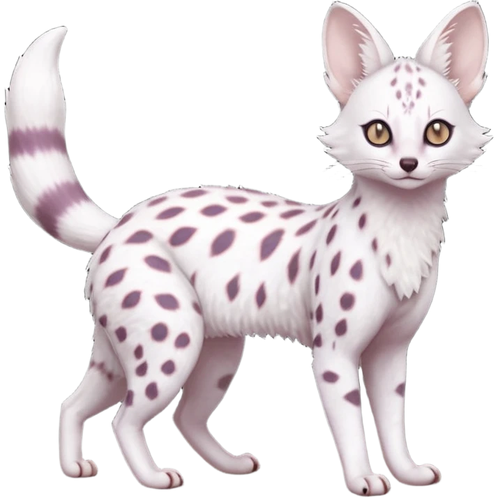White Albino light whitish grey-spotted Serval-Civet-Genet-Trico-Furret-Linoone-Noibat-Espeon-Fakémon-Pokémon-animal-hybrid-fusion-creature (full body) with vibrant glowing eyes, cute, elegant, soft, realistic, pastel fur emoji