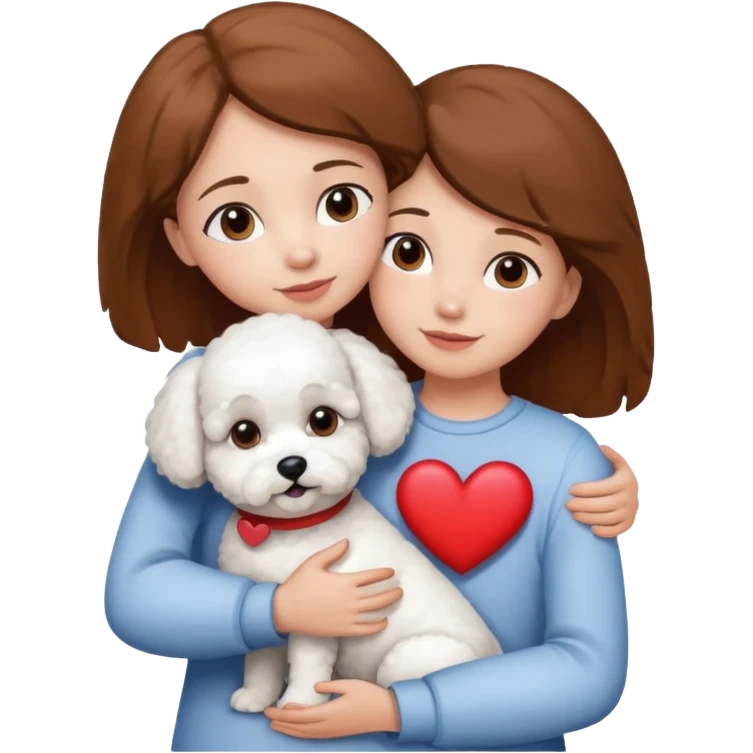 White older dog bishon in hug with birl with brown hair and heart between them emoji