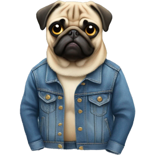 pug wearing a denim jacket with patches on the back of the denim jacket emoji