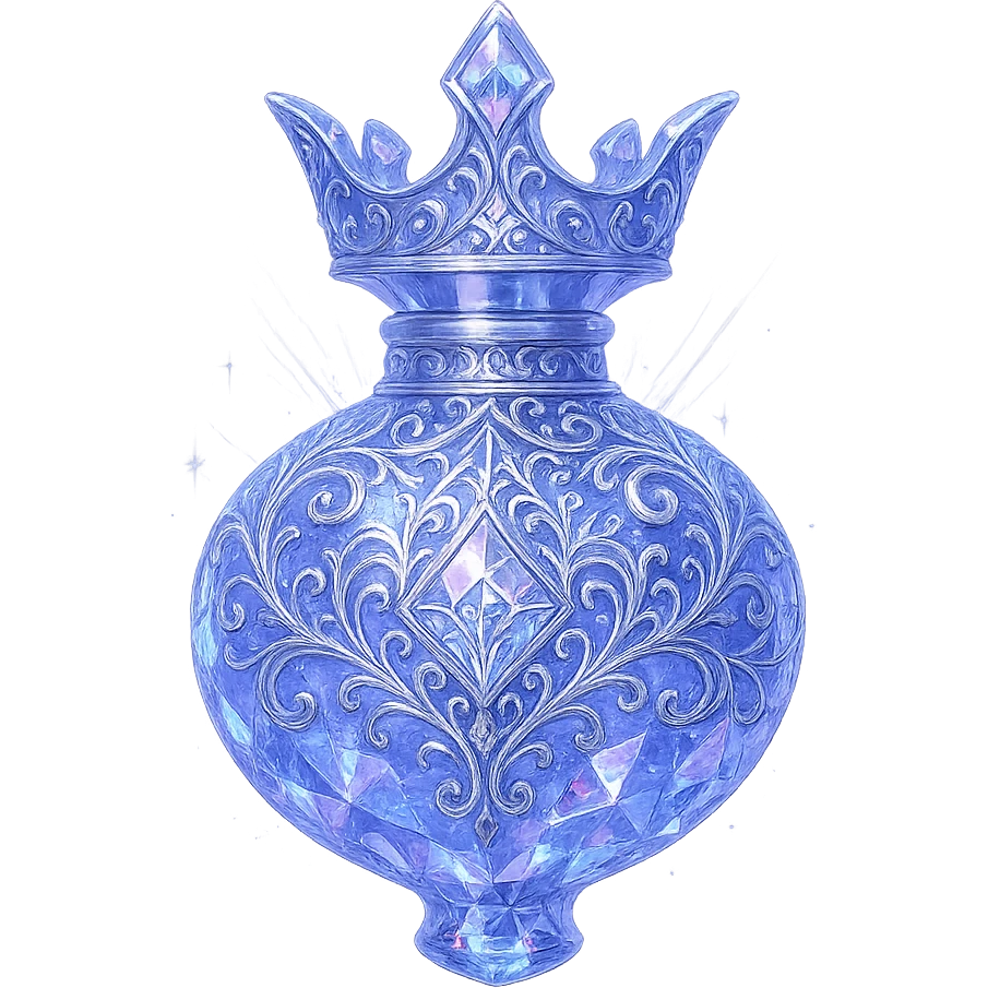 luxurious crystal elixir bottle shaped like a crown, color #7986cb, multi-layered holographic and silver filigree, intricate crystal texture, magical glowing and sparkling effects, radiant light beams, very small neck, seamless and beautifully rounded joined bottom (not flat like a glass), transparent background, bottle clearly floating in air, no base or shadow, not standing, modern, collection style, extremely beautiful and refined emoji