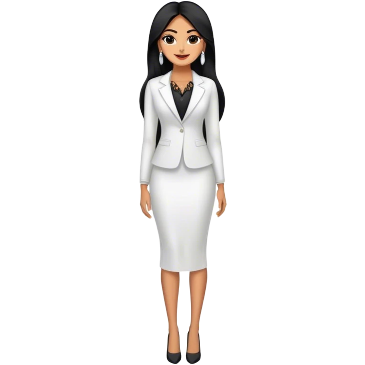 beautiful fit tall woman boss, with long straight black hair, with make up, black eye liner, smile, mexican, brown skin, wearing beautiful profesional outfit and white earings, full body emoji