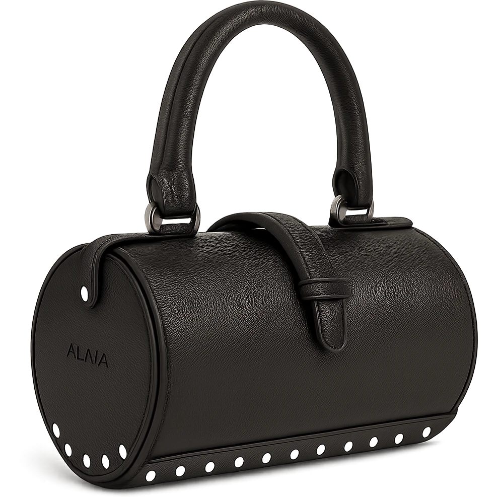 Make the Alaïa Teckel bag look more photorealistic with realistic leather texture, metallic studs, and natural lighting, on a white background. Keep the cylindrical silhouette and luxury details. Preserve transparency if present. emoji