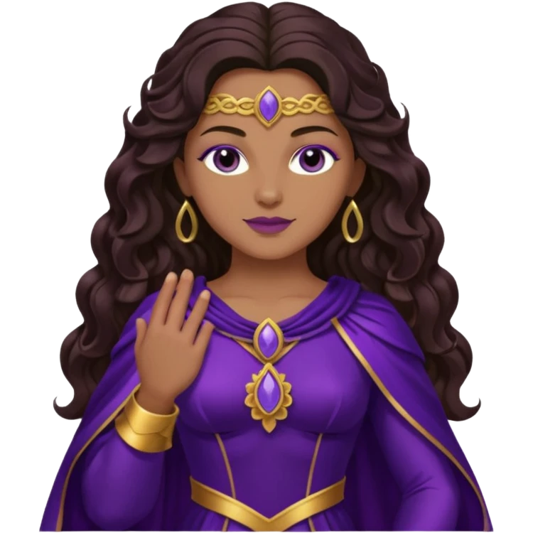 Hyacinth, Divine Hero from Gods and Goddesses with long dark brown wavy hair, deep purple outfit, tan skin emoji