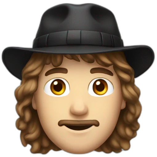 white guy with shoulder length brown hair, a slight mustache, wearing a black bucket hat, slight mustache emoji
