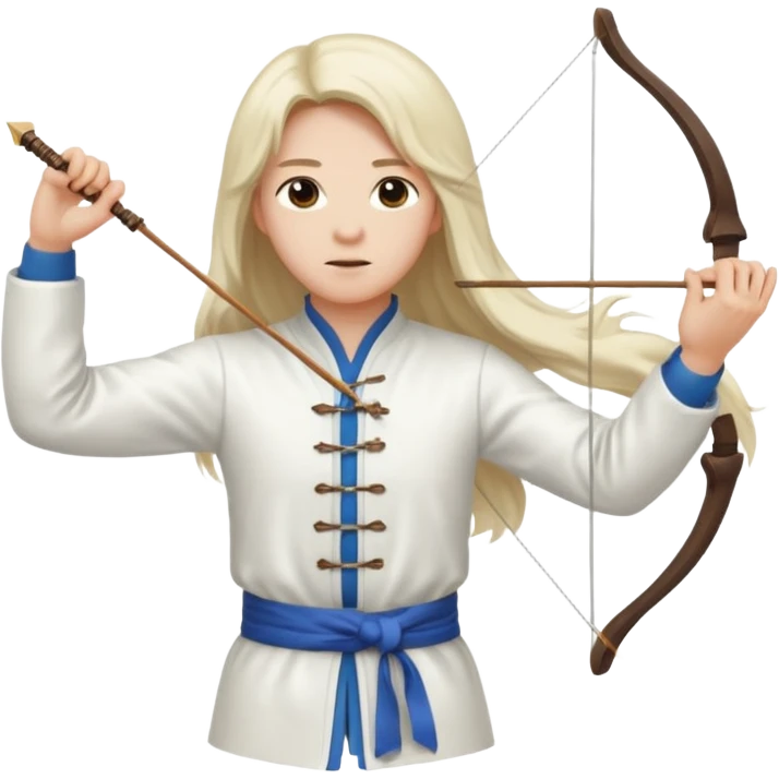 pratiquant de qi gong aux cheveux longs, habits noirs ou blancs, qui tire l'arc vers la gauche emoji