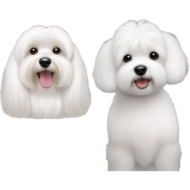 One white bichon Maltese next to a white bichon havanese with grey ears  emoji