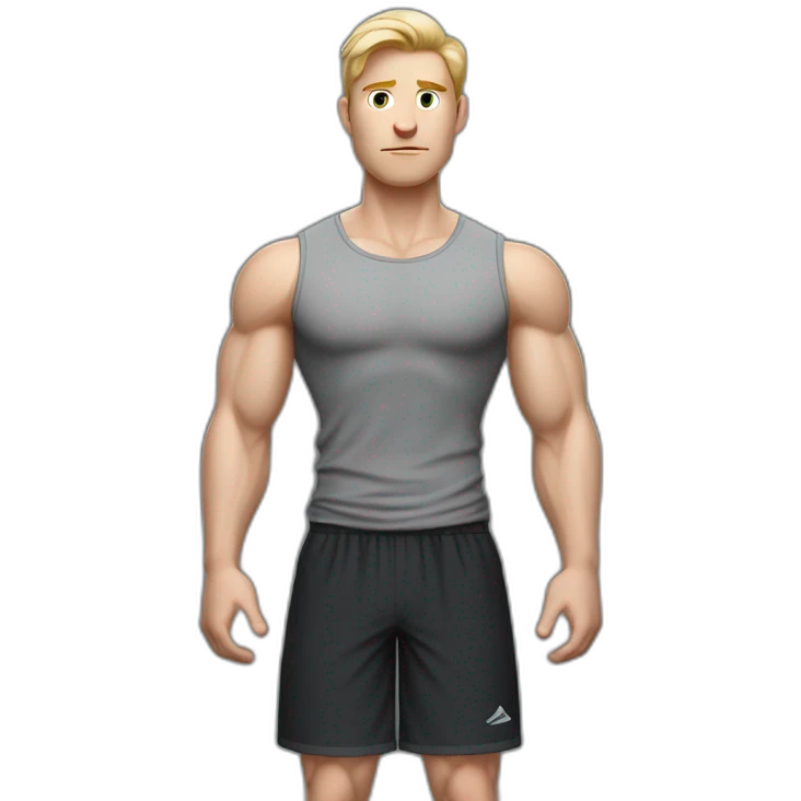 Full height Pale skinned fit man With Wide jaw, biceps and blonde hair In dark gray sleeveless mike, black oversize sports shorts, watch and white sneakers. his arms crossed over his chest emoji