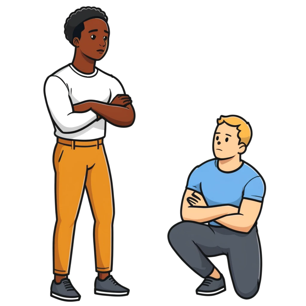 Black man kneeling down in front of white man, respectful pose emoji