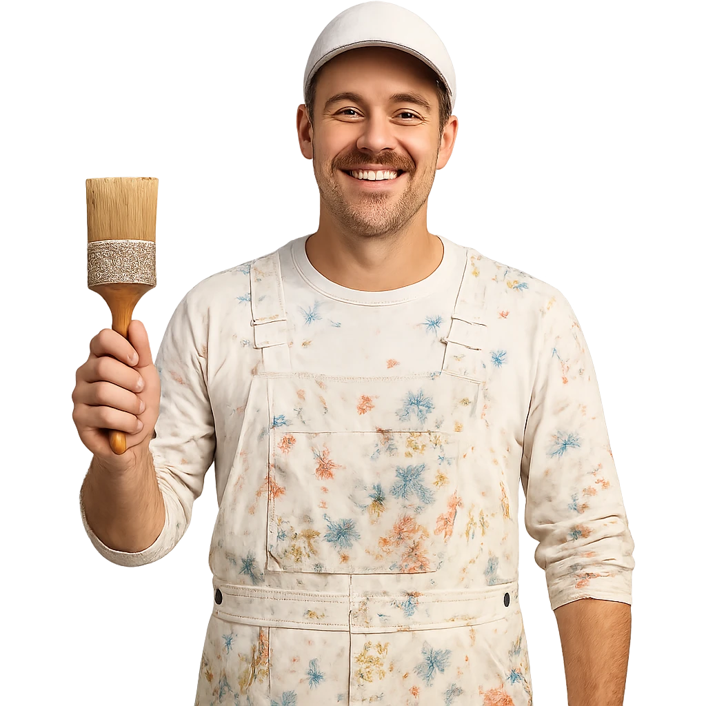 smiling painter man with a moustache and short hair, paint stains on clothes emoji