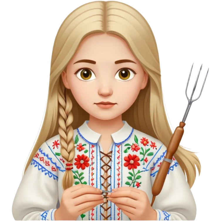 Ukrainian young girl with long hair wearing a white embroidered traditional shirt (vyshyvanka) holding sewing tools like a needle and thread emoji