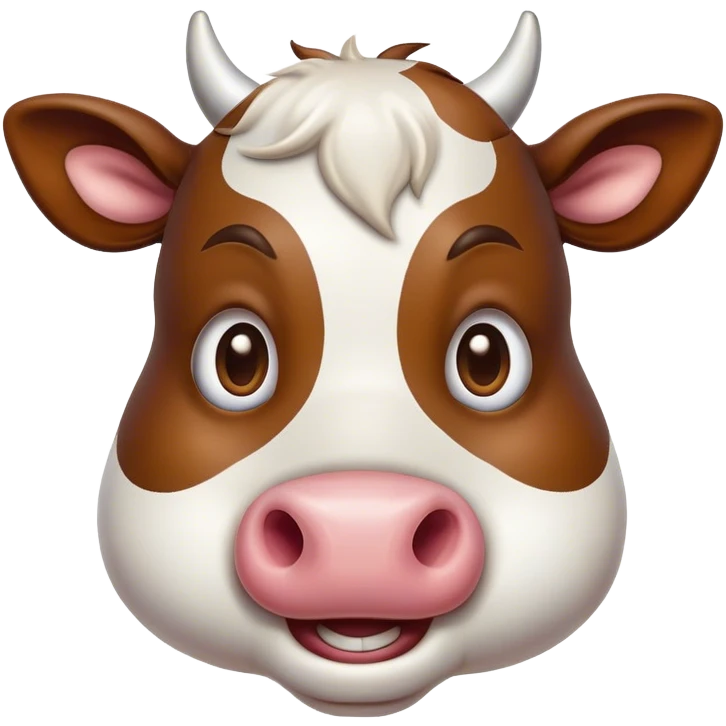 Cinematic Comical Brown and White Cow Portrait Emoji, Head tilted dramatically with an exaggeratedly amused expression, featuring a striking, glossy hide with a dynamic mix of brown and white, wide, expressive brown eyes filled with playful disbelief, Simplified yet hilariously expressive features, highly detailed, glowing with a slightly sassy glow, high shine, dramatic yet playful, stylized with an air of cheeky mischief, bright and endearing, soft glowing outline, capturing the essence of a spirited and over-the-top cow, so meme-worthy it feels like it could moo its way into internet fame instantly! emoji