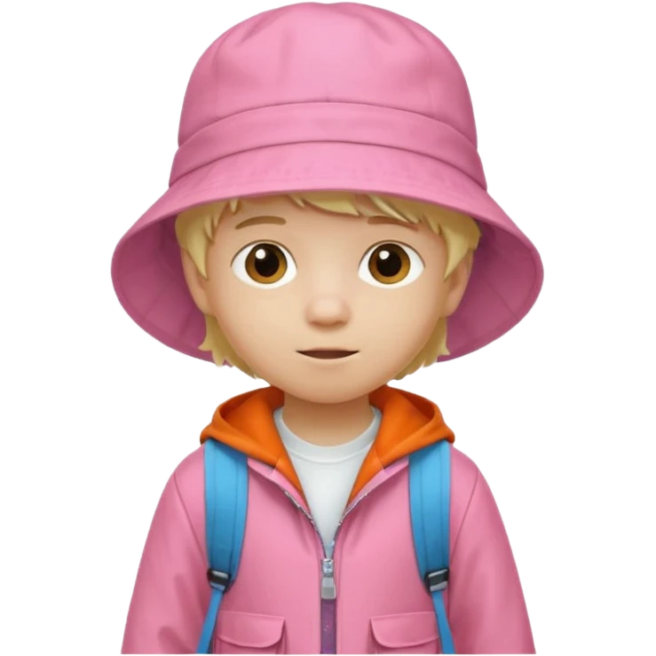 A little boy student white skin, blonde hair, with white bucket hat, orange jacket, pink backpack emoji