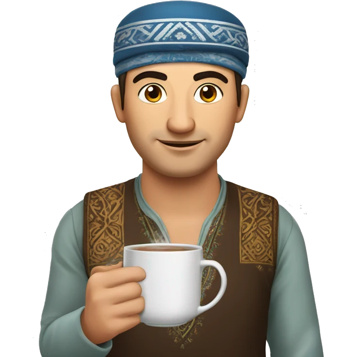 Uzbek man with doppi on his head and tea in his hand emoji