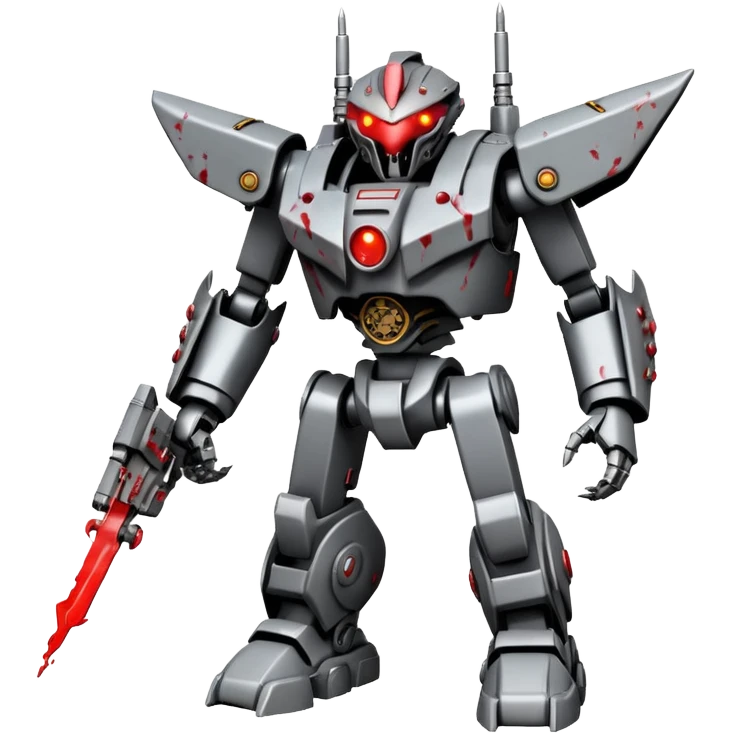 An all Grey metal evil mega zord tech bot with blood and glowing eyes in the style of your bleeding skull art, full body, rushed and worn from surviving the apocalypse, mostly Grey but splattered with blood, in a futuristic steam.punk cyber punk style emoji