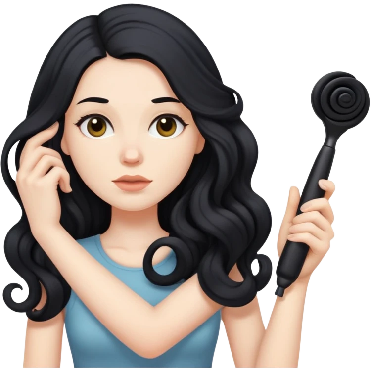 pale skinned woman with long black hair curling her hair, getting ready emoji