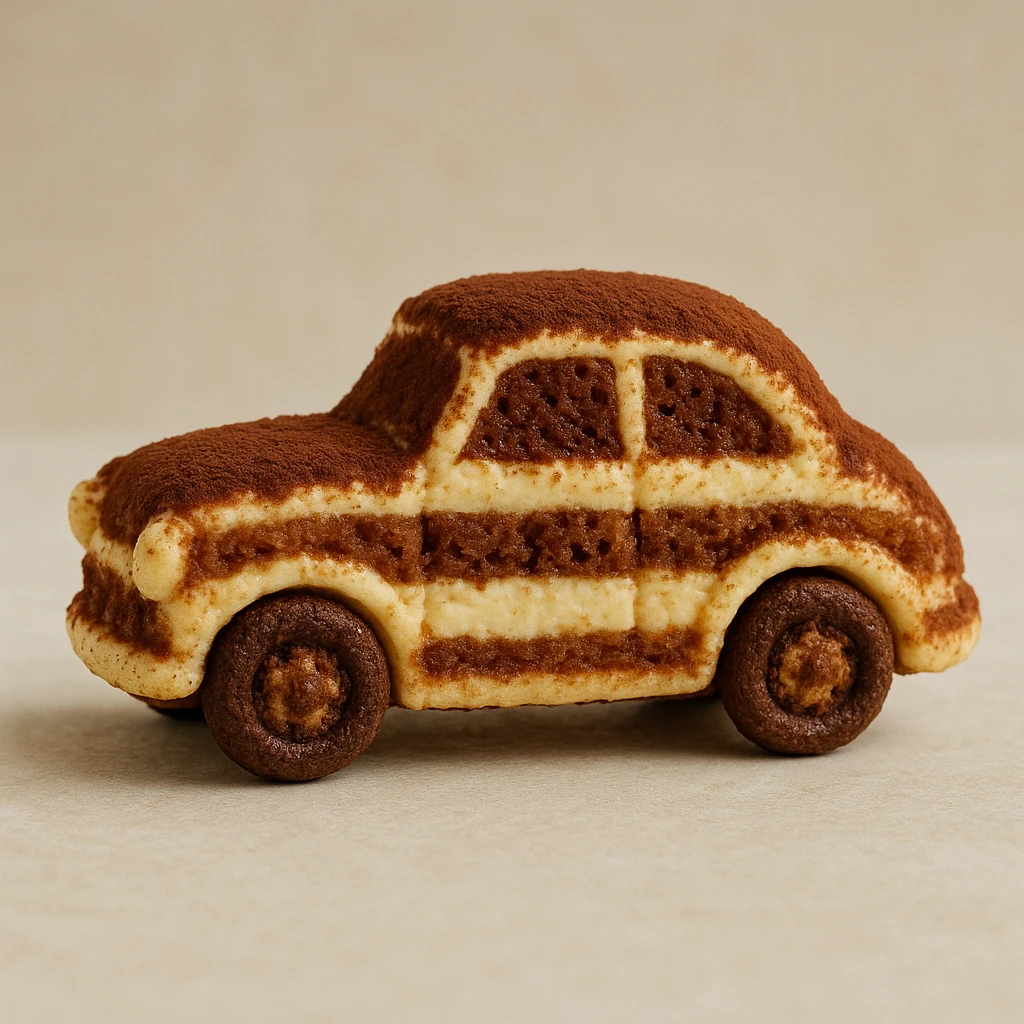 side view, miniature car sculpted from tiramisu, visible dessert layers, fun and edible look emoji