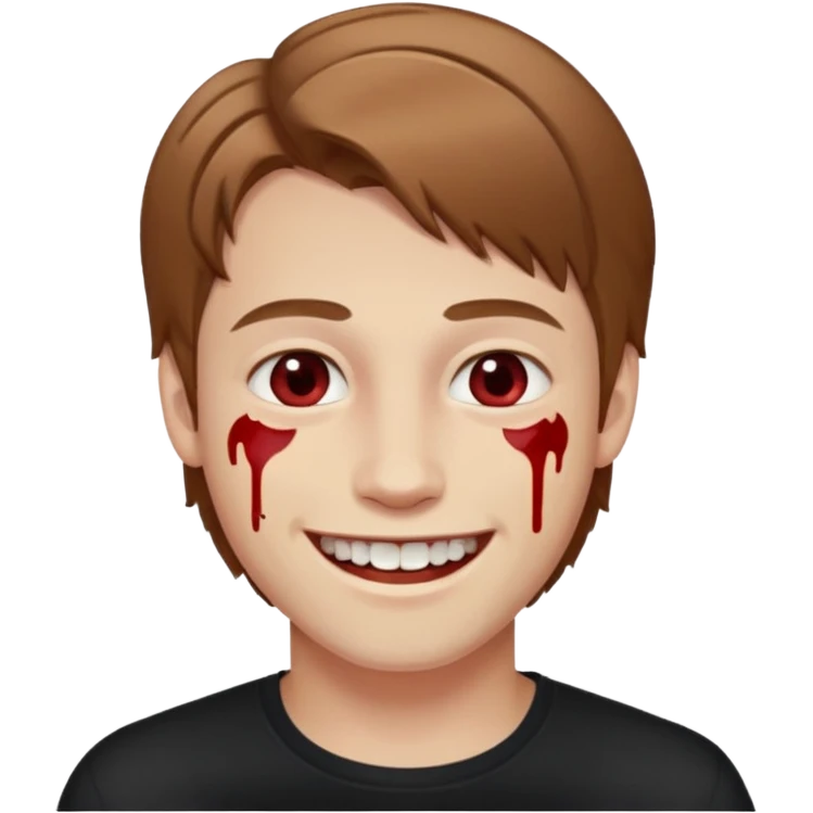 парень с русыми волосами средней длины; белая кожа; белые глаза; открытая улыбка, где на зубах кровь;  emoji