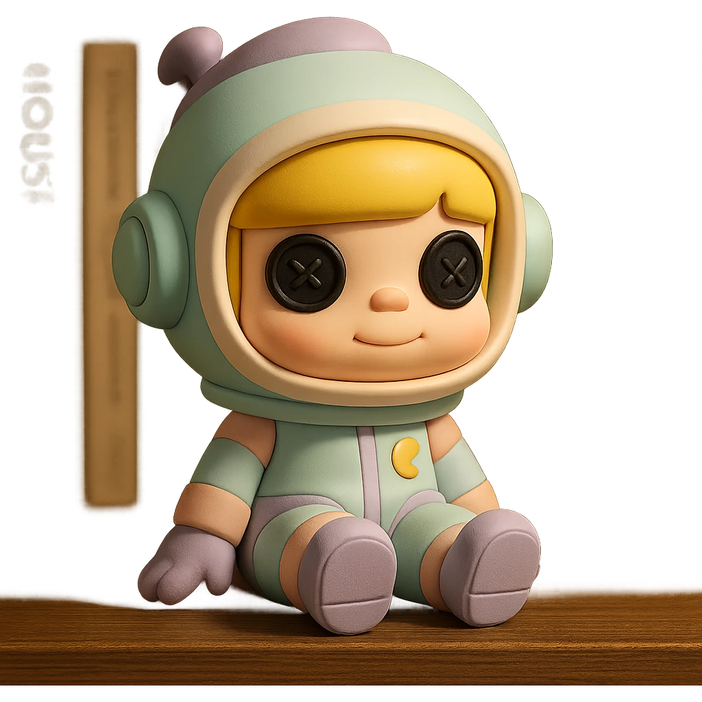 space molly as a doll cartoon, sitting pose, pastel spacesuit, button eyes, adorable emoji