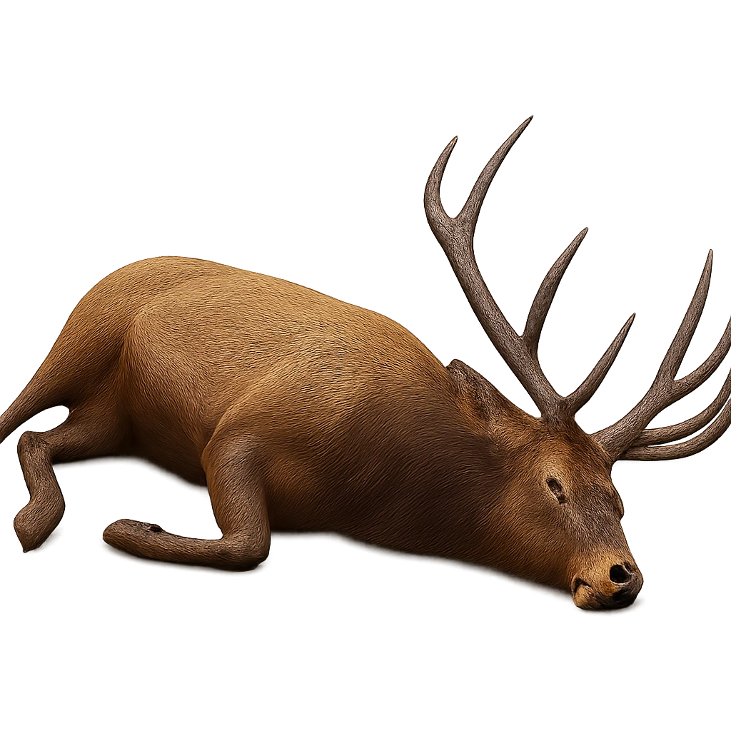 Make the elk appear dead, lying on its side, with no background. Preserve the original style and details of the elk in the image. emoji