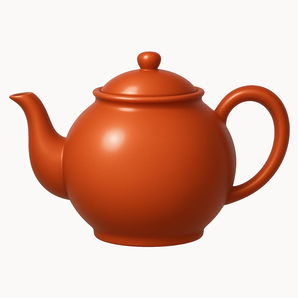 Create a teapot similar to the reference image but without a face, just the teapot itself. Make it a little shiny with a subtle highlight on the lid and a moderate red color #c05734 in an emoji style. emoji