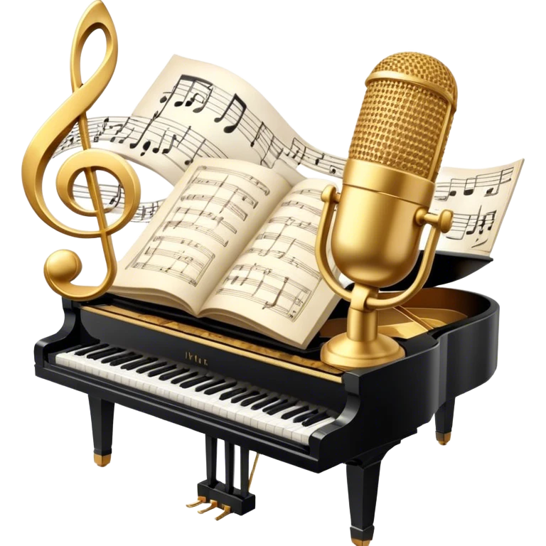 Create an elegant and refined emoji that represents classical or academic vocal performance. The design should feature a microphone, sheet music with musical notes, and a treble clef to symbolize the vocal artistry and music theory behind academic singing. Add subtle elements like a vocal warm-up chart or a grand piano to reflect the classical training. Use classic colors like gold, silver, and deep blue to emphasize sophistication and professionalism. The background should be transparent. emoji