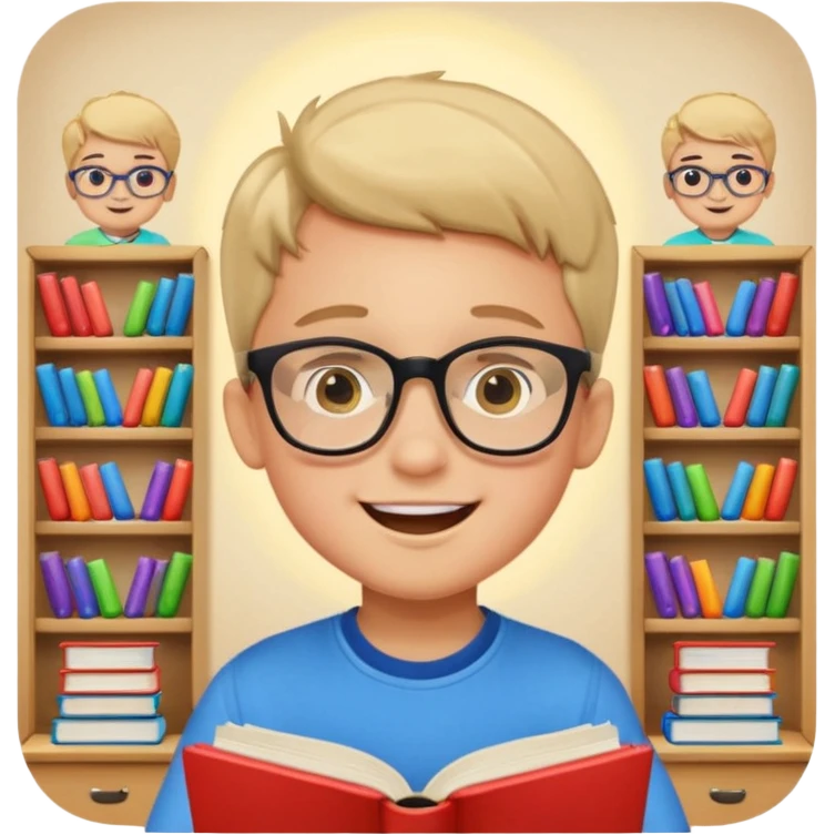 un niño de entre 3 - 10 años estudiando ingles, un destello de luz o colores más vivos para el niño que estudia en su habitacion feliz  emoji