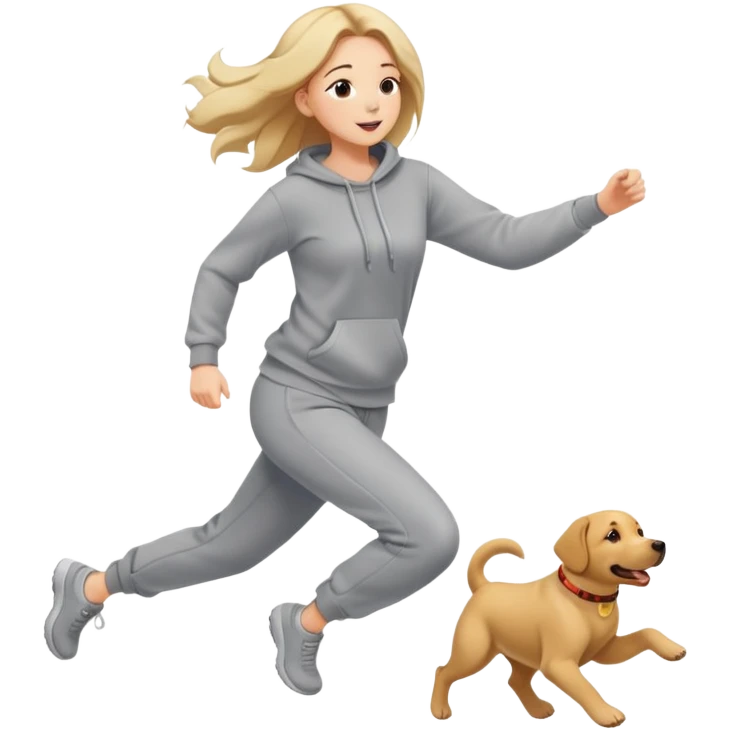A beautiful girl with fair skin wearing a sweatshirt and sweatpants happily chasing a Labrador emoji