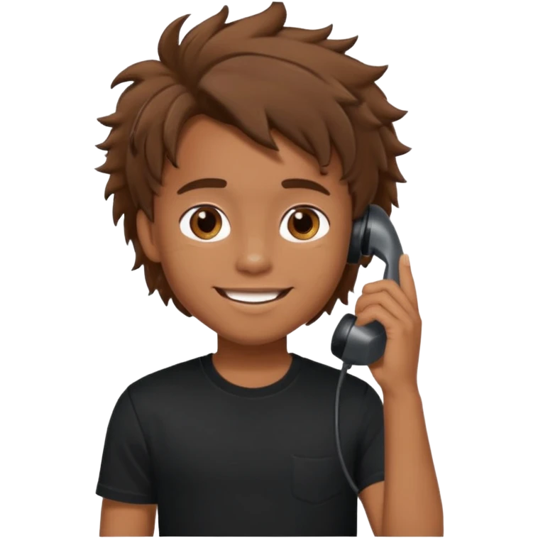 generate a pretty tan bratz boy with brown messy hair smiling while talking on call. Wearing a black tshirt emoji