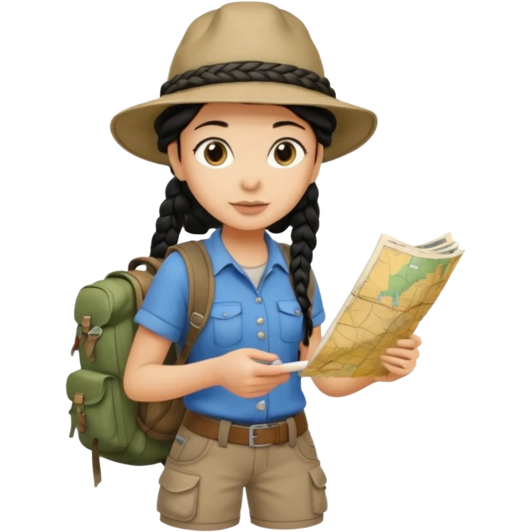 A braid black hair backpacking woman checking her map with curious eyes while walking with camping hat and dirt covered bootsfull body emoji