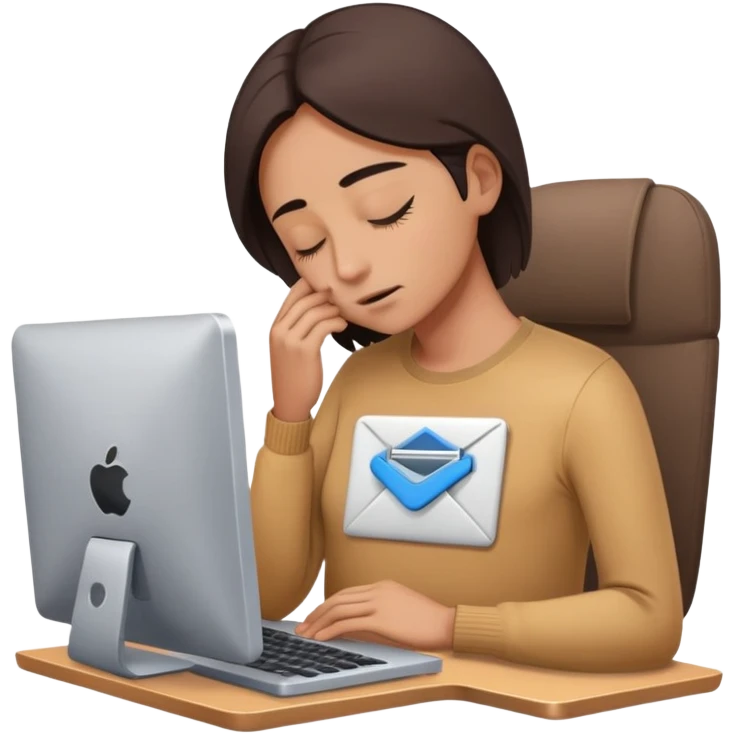 Person with closed eyes, deep breath, hand on chest, computer with email open in front of them emoji