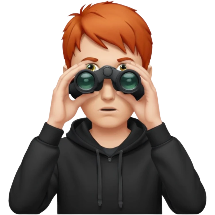A red-haired, short-haired man without a beard, wearing a black hoodie, looks through binoculars emoji
