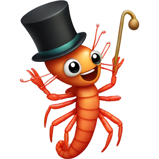 Cute dancing shrimp with top hat and cane emoji
