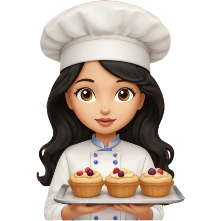 a pretty tan bratz girl with black wavy long hair baking at a restaurant emoji