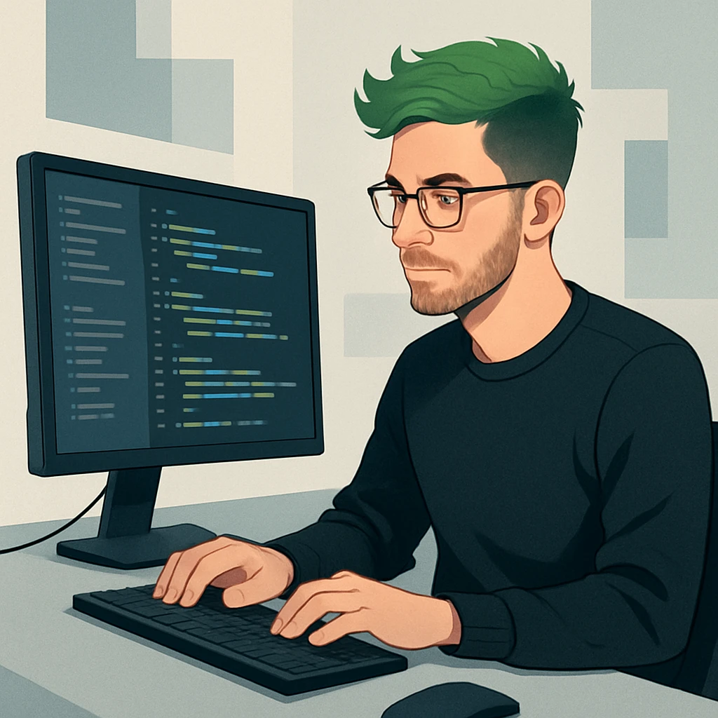 male software developer with green hair, working at a computer, modern style emoji