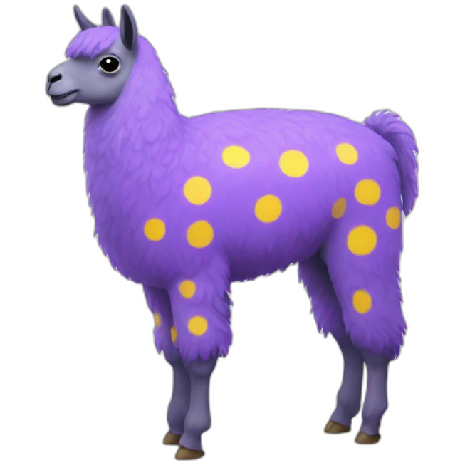 a purple llama with white spots with a yellow-blue mat on its back emoji