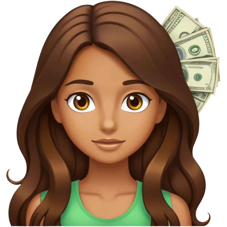 tanned girl with long brown hair and lots of money emoji