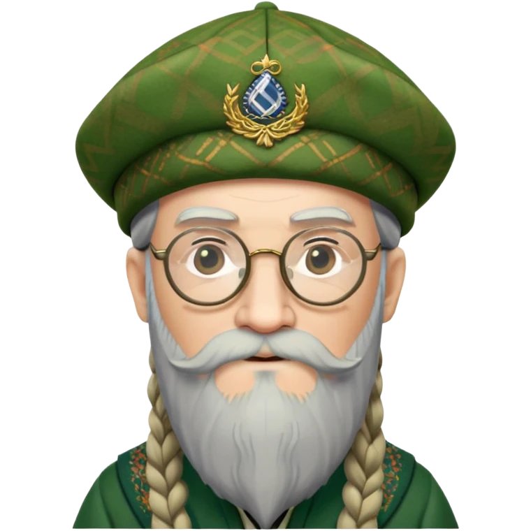 Dumbledore wear green scotland Tam o'shanter cap with decorative patterns, wear glasses, very long beard emoji