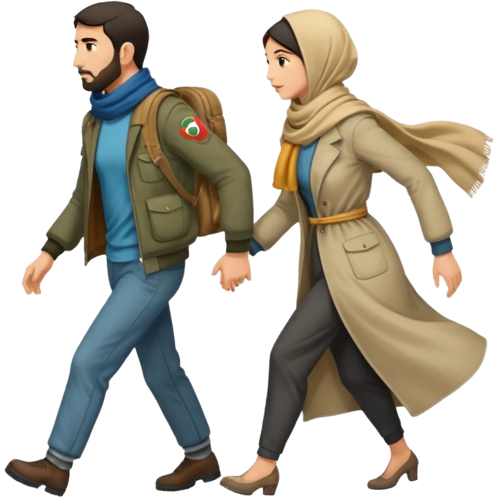 
Iranians fleeing war, full length, in profile, man and woman emoji
