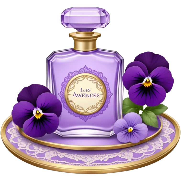 An ornate glass perfume bottle, filled with a delicate violet-hued elixir, rests on a lace-covered vanity tray, surrounded by pressed pansies in shades of lavender, plum, and amethyst, their petals softly curling with time. A worn leather-bound poetry book, its pages kissed with faded lilac ink, lies open beside it, exuding whispers of forgotten verses and fleeting romance emoji