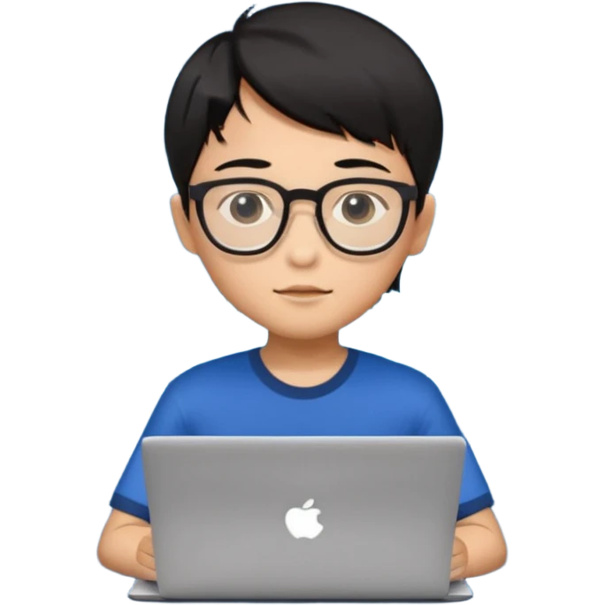 A young boy DEVELOPER WITH A laptop, black straight short hair, wearing glasses, he is asian

Add the letters "PIF" floating around him emoji