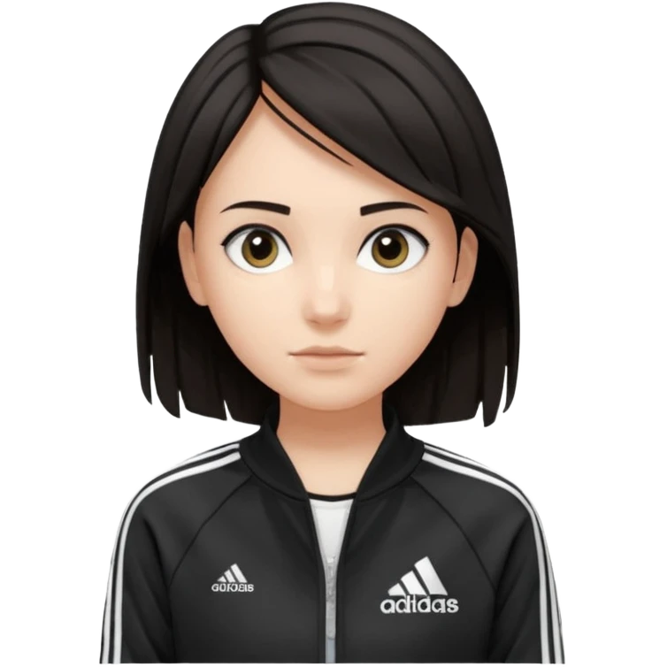 A girl with  medium length, dark hair, fair skin. The style is a soft, layered cut that falls around her shoulders. wore black Adidas track jacket with white stripes on the sleeves. It has a full zipper down the front, a stand-up collar, and the Adidas logo on the right chest emoji emoji