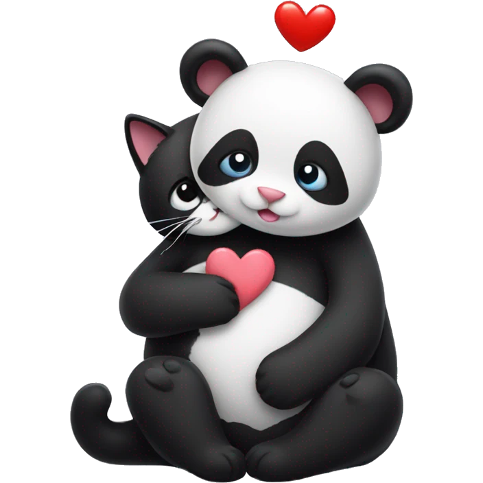 a black cat hugs a panda with hearts emoji