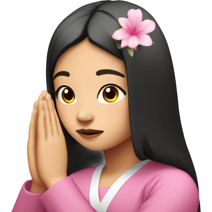 asian girl with black straight hair praying with pink flora in hair emoji