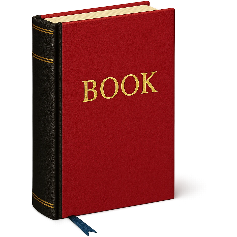 Book with red cover, gold lettering, black spine, blue bookmark, elegant literary style emoji
