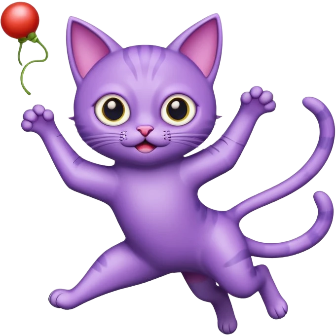 funny purple cat jumping after a fly more thin cat, more stylised cat less realistic emoji