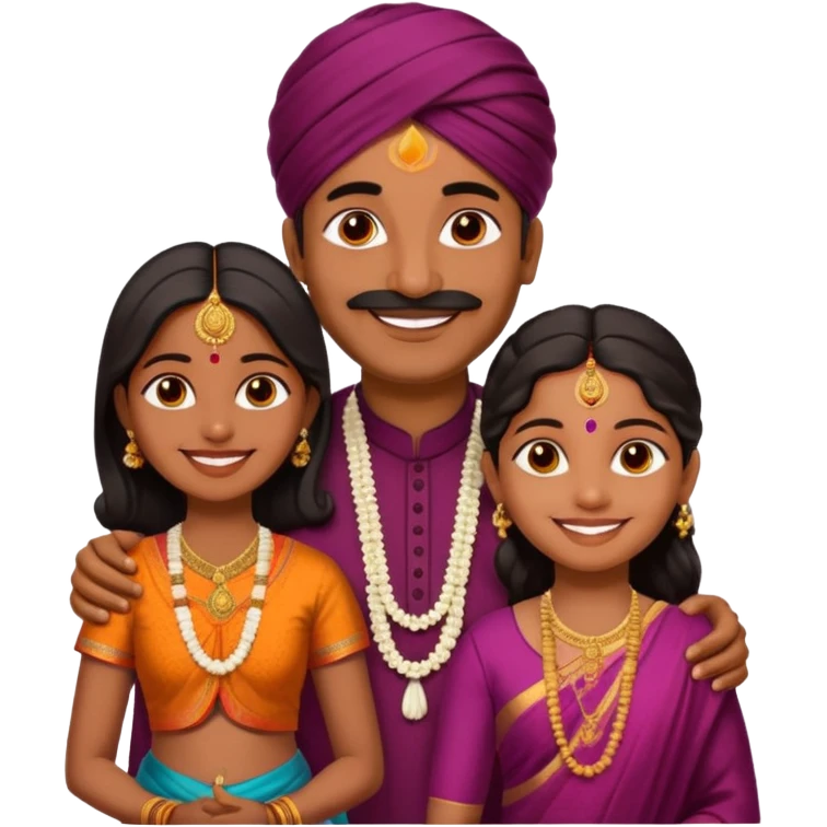 South indian hindu family with a 70 years old father and mother and one 40 years old daughter. They wear a traditional dress. They are smiling. emoji