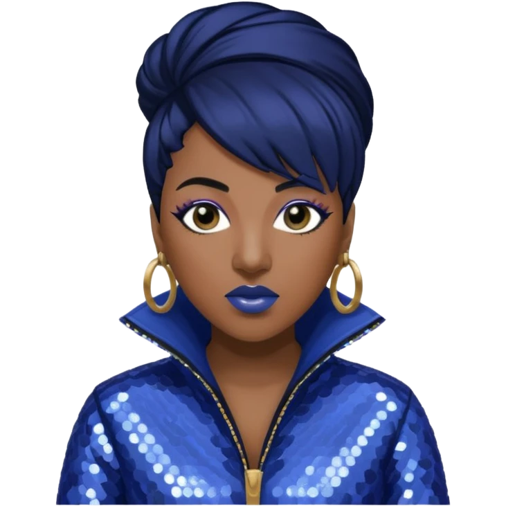 Missy Elliott with jet black hair, indigo sequin outfit emoji